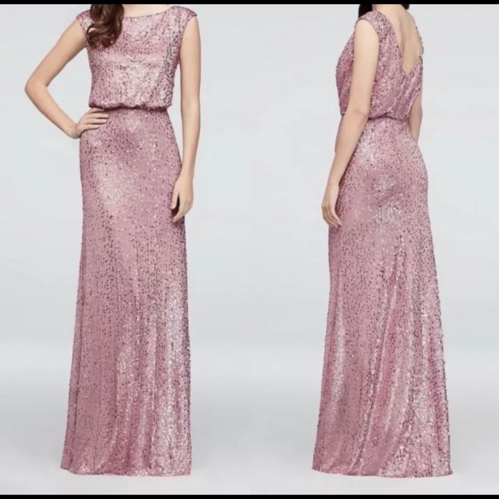 David’s Bridal Long Rose Pink Sequin Sheath Dress with Drop Waistline